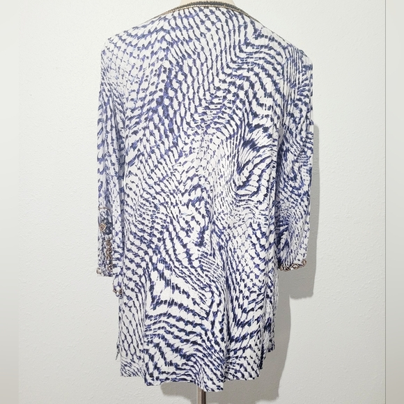 Soft Surroundings Beaded Tie Neck Tunic Blue White Rayon Boho Resort Top Large - Picture 6 of 12